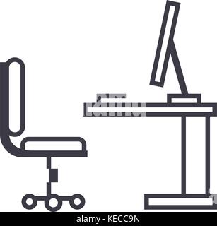 table,office desk with computer sideview vector line icon, sign, illustration on background, editable strokes Stock Vector