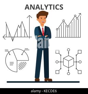Business analytics. Young businessman looking at financial charts. Management and marketing. Data technology. Flat style vector illustration isolated on white background. Stock Vector