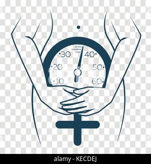 concept of menopause in the form of a silhouette of a woman with a clock measuring age. icon, silhouette in a linear style Stock Vector