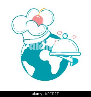 concept of the menu, national cuisines, in the form of world with a cook's hood  and a tray. Icon in the linear style Stock Vector