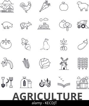 Agriculture, farmer, field, farming, tractor, wheat, harvest, cow, machinery line icons. Editable strokes. Flat design vector illustration symbol concept. Linear signs isolated Stock Vector