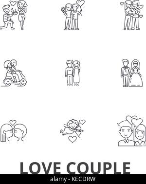 Love couple, romantic, love heart, kissing, love birds, happy couple, valentine line icons. Editable strokes. Flat design vector illustration symbol concept. Linear signs isolated Stock Vector