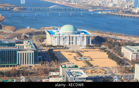 Seoul, Korea - Jan 14th 2017: Highangle view of Yeouido, the heart of politics and financial industry in Korea, Stock Photo
