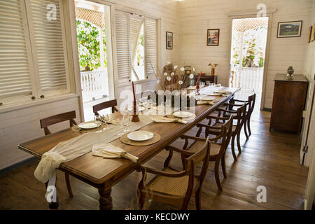 The Seychelles, Mahe, Anse aux Pins, St Roche Au Cap, Domaine Val des Pres Estate House, interior, dining room Stock Photo