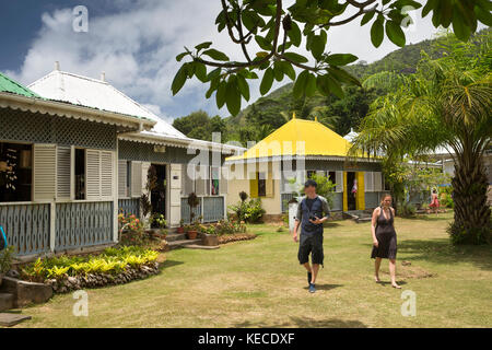 The Seychelles, Mahe, Anse aux Pins, St Roche Au Cap, Domaine Val des Pres Estate visitors in cultural village Stock Photo