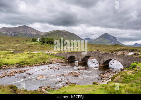 Sligachan Old Bridge looking towards the Cuillin mountain range, Isle of Skye, Highland, Scotland, UK Stock Photo