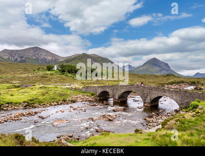 Sligachan Old Bridge looking towards the Cuillin mountain range, Isle of Skye, Highland, Scotland, UK Stock Photo