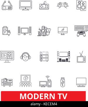 Modern tv, television, broadcasting, media, entertainment, receiver, screen line icons. Editable strokes. Flat design vector illustration symbol concept. Linear signs isolated on white background Stock Vector