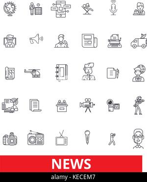 News,events,facts, data,report,comments,communication, discovery, report, story line icons. Editable strokes. Flat design vector illustration symbol concept. Linear signs isolated on white background Stock Vector