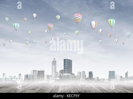 Concept of air pollution concept with aerostats flying above city Stock ...