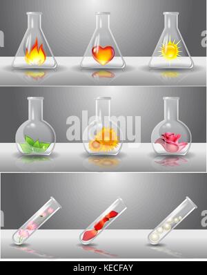 Laboratory flasks with different things inside Stock Vector