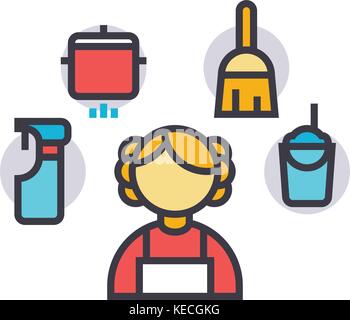 Personal maid, housekeeping woman, cleaning service flat line illustration, concept vector isolated icon  Stock Vector