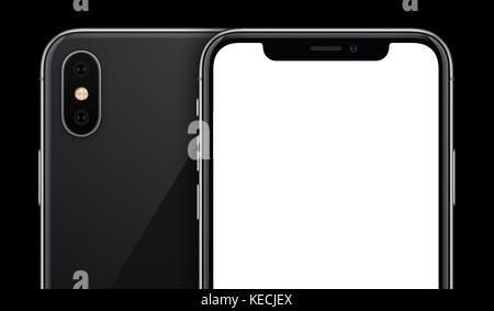 Black smartphone similar to iPhone X mockup front and back sides on black background with copy space cropped close-up. Stock Photo