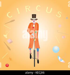 Clown with colorful balls at the circus bike on the circus background Stock Vector