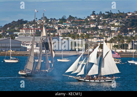 Tall Sailing Ship Anazing Grace under full sail on San Diego Bay, CA US.  Amazing Grace is a 83' topsail schooner based out of Gig Harbor, Washington  Stock Photo