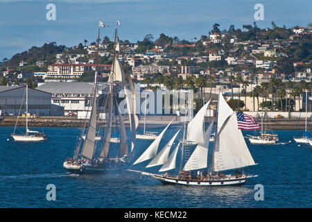 Tall Sailing Ship Anazing Grace under full sail on San Diego Bay, CA US.  Amazing Grace is a 83' topsail schooner based out of Gig Harbor, Washington  Stock Photo