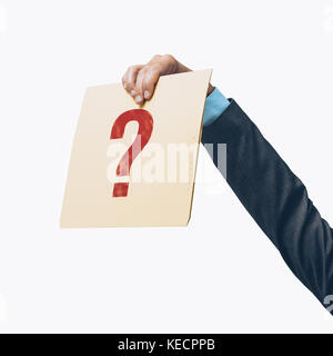 Businessman holding a file with a question mark on white background, business uncertainty and risks concept Stock Photo