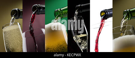 Pouring alcoholic drinks into glasses photo collage: beer, red wine and white wine Stock Photo