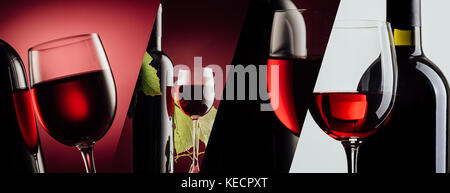 Red wine bottle and wine glass on different backgrounds, photo collage banner Stock Photo