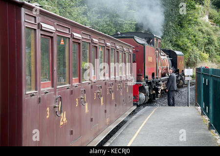 Steam Train at Caernarfon on Festinioc and Welsh Highland Railway; Wales, UK Stock Photo