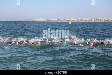 ISTANBUL, TURKEY - JULY 29, 2017: Athletes competing in swimming component of Istanbul Beylikduzu ETU Triathlon European Cup. Stock Photo