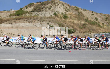 ISTANBUL, TURKEY - JULY 30, 2017: Athletes competing in cycling component of Istanbul Beylikduzu ETU Triathlon European Cup. Stock Photo