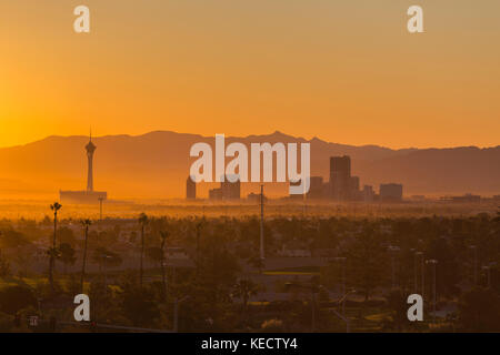 Las Vegas, Nevada, USA - October 10, 2017:  Hazy morning sunrise view of towers on the Las Vegas strip. Stock Photo
