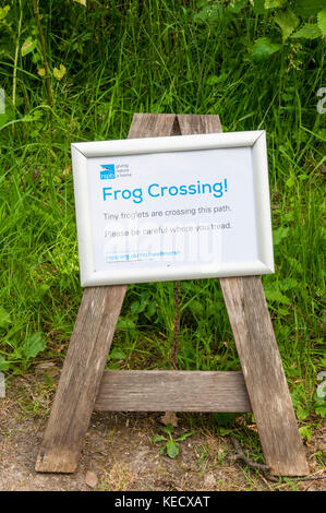 A sign at RSPB Titchwell Marsh warns visitors to be careful of baby frogs or froglets crossing the path. Stock Photo