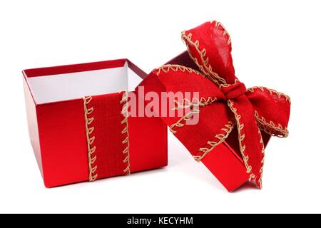 Opened red gift box wrapped with rustic red bow and ribbon isolated on white Stock Photo
