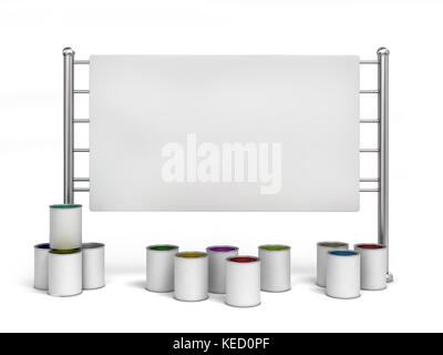 paint cans are under the billboard; image with place for your text Stock Photo