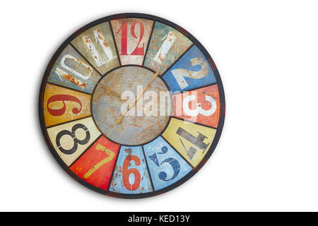 Rusty colored wooden wall watch isolated on white. Horizontal Stock Photo