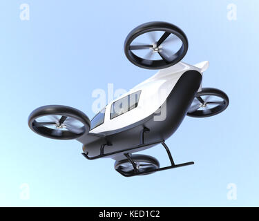 White self-driving passenger drone flying in the sky. 3D rendering image. Stock Photo