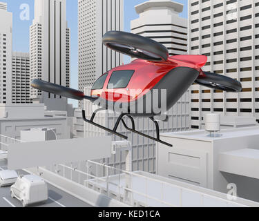 Self-driving passenger drone flying over a highway bridge which in heavy traffic jam. 3D rendering image Stock Photo