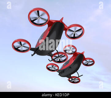 Two self-driving passenger drones flying in the sky. 3D rendering image. Stock Photo