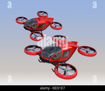 Two self-driving passenger drones flying in the sky. 3D rendering image. Stock Photo