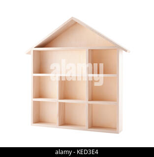Wooden house shaped shelf isolated on white Stock Photo