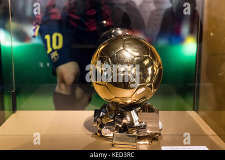 Ballon d'Or awarded to Lionel Messi on display at Camp Nou stadium, Barcelona, Spain. Stock Photo