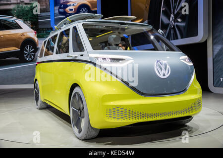 FRANKFURT, GERMANY - SEP 12, 2017: Volkswagen I.D. Buzz electric self-driving campervan shown at the Frankfurt IAA Motor Show 2017. Stock Photo
