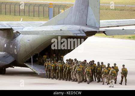 EINDHOVEN, THE NETHERLANDS - SEP 17, 2016: Paratroopers entering a C-160 Transall plane for a jump at the Market Garden Memorial. Stock Photo