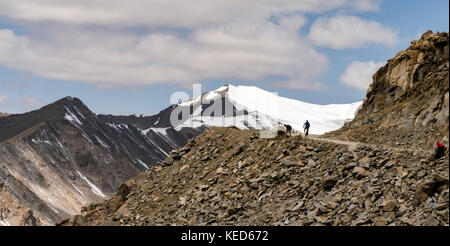 Cyclists and workers mingle on the highest navigable road at Khardungla Top, Ladakh, India at 18380 feet above sea level Stock Photo