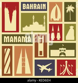 Manama Bahrain city icon symbol silhouette set. Vector background illustration Stock Vector