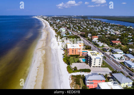 Fort Ft. Myers Beach Florida,Estero Barrier Island,Gulf of Mexico,aerial overhead view,sand,water,residential apartment buildings,residences,Matanzas Stock Photo