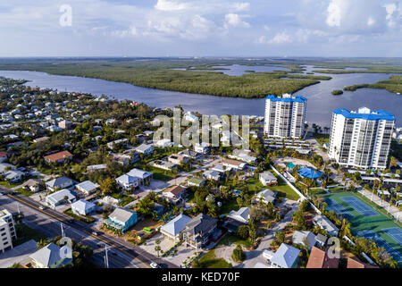 Fort Ft. Myers Beach Florida,Estero Barrier Island,Estero Bay Aquatic Preserve,Ostego Bay,aerial overhead view,water,residential apartment buildings,r Stock Photo