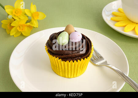 Closeup of a Easter cupcake with chocolate frosting and Easter eggs on a white plate with narcissus flowers and coffee cup on green background. Stock Photo