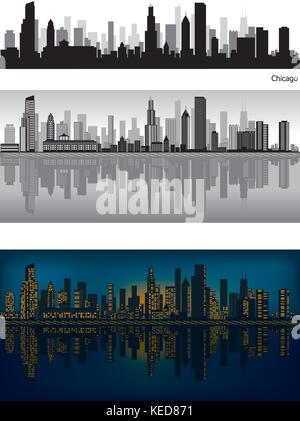 Chicago skyline illustration with reflection in water Stock Vector