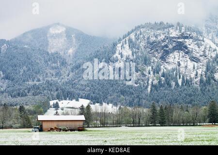 Wooden barn of famhouse in farmyard. Wet spring snow in already fresh green meadows bellow Alpine mountains. April weather. Stock Photo
