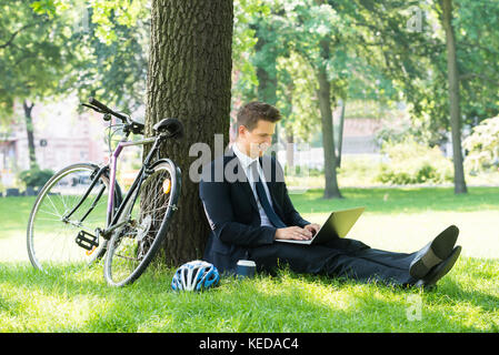 Smiling Young Male Businessman Using Laptop In Park Stock Photo