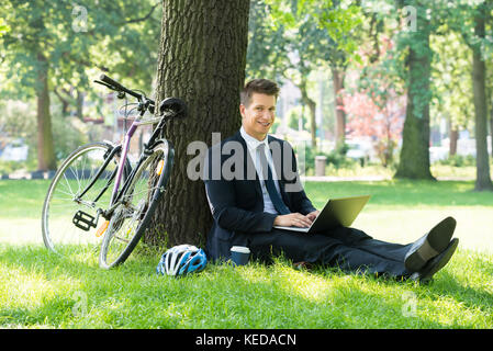 Smiling Young Male Businessman Using Laptop In Park Stock Photo