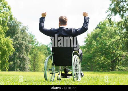 Rear View Of Young Disabled Man On Wheelchair With Arm Raised In Park Stock Photo