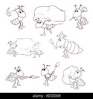 Collection of line drawing vector illustrations of cartoon ant colony Stock Vector